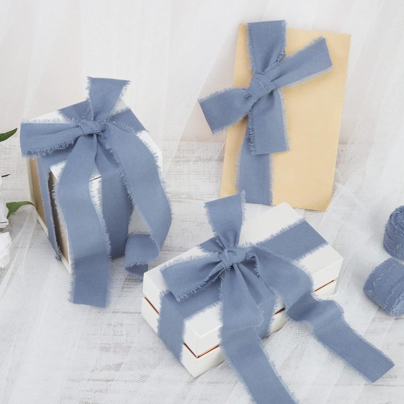 Keypan Dusty Blue Ribbon 1-1/2 x 15 Yards Handmade Cotton Frayed Fringe Fabric Ribbons for Crafts Flower Bouquets Wedding Baby Shower Home DIY Decor - Image 4